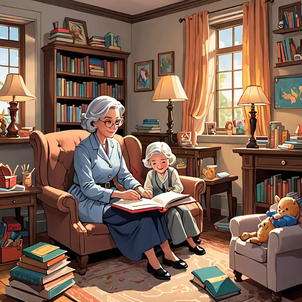 a woman and a child are sitting in a room with books and toys on the floor and a teddy bear, american scene painting, a storybook illustration, Colin Middleton, storybook illustration