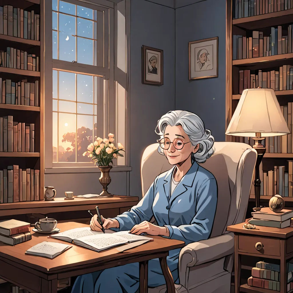 a woman sitting at a desk in front of a book shelf filled with books and a cup of coffee, american scene painting, a comic book panel, Anson Maddocks, kinkade