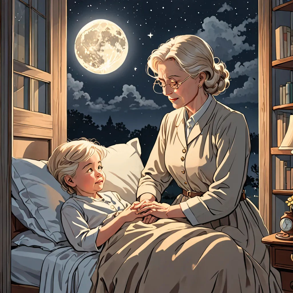 a woman and a child are sitting in bed under a full moon and stars sky, with a window open to the night sky, american scene painting, a storybook illustration, Aaron Jasinski, storybook illustration