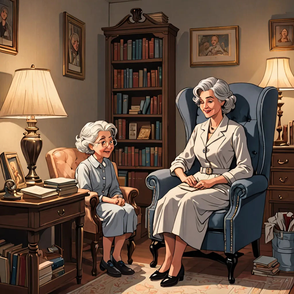 a painting of two women sitting in a chair in a room with a lamp on the table and a bookcase, american scene painting, a storybook illustration, F Scott Hess, storybook illustration