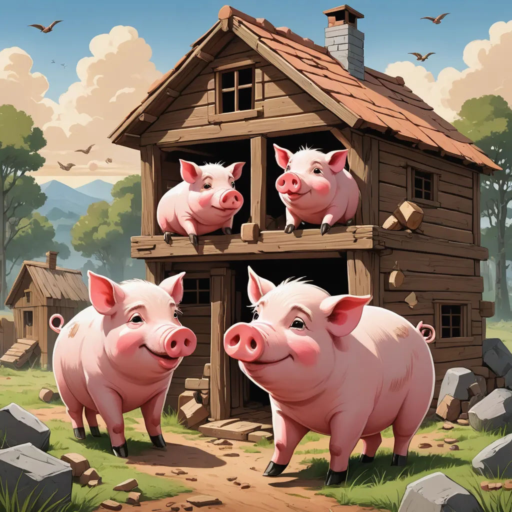 three pigs standing in front of a wooden house with a bird flying overhead and a bird flying above them, incoherents, a storybook illustration, Chris LaBrooy, storybook illustration