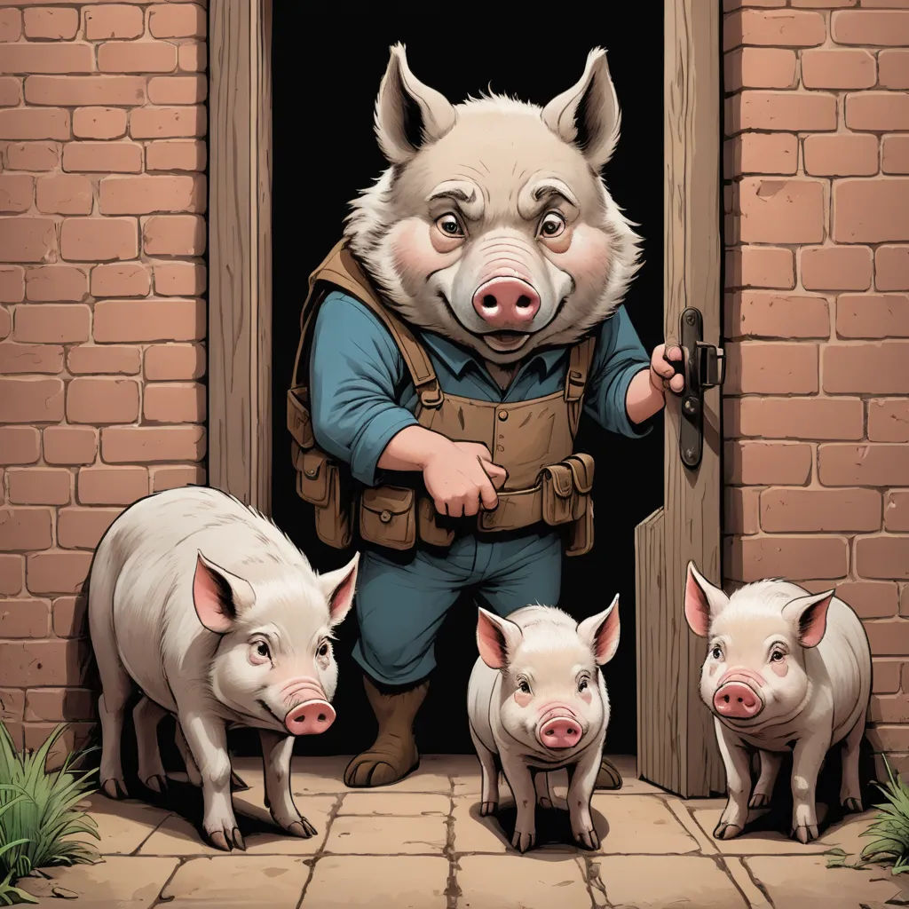 a pig with a gun and three pigs standing in front of a brick building with a door and brick wall, underground comix, a storybook illustration, Brian Bolland, storybook illustration