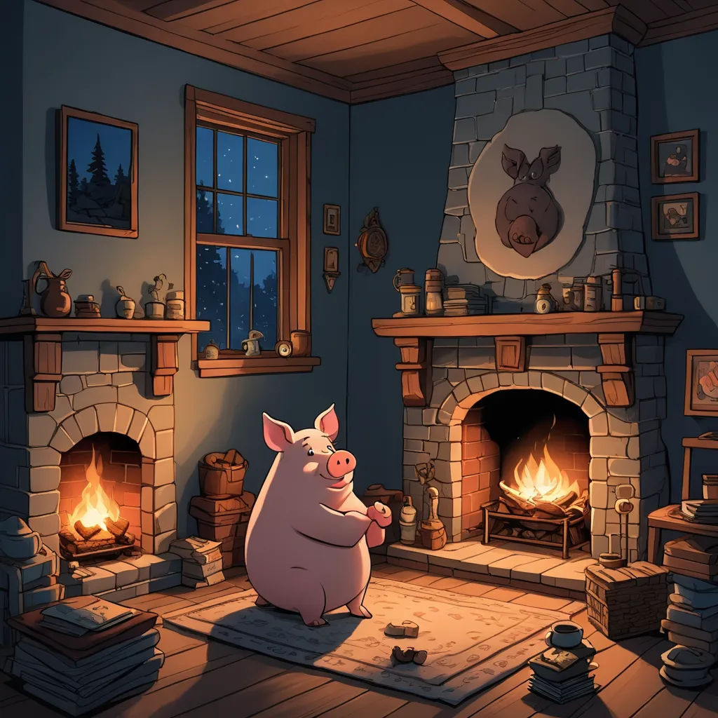 a pig sitting in front of a fireplace in a room with a fireplace and a fireplace screen in the corner, sots art, a storybook illustration, Chris LaBrooy, storybook illustration