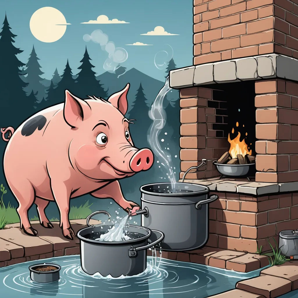 a pig is standing on a ledge above a pot of water and a fire place with a pot of water in it, sots art, a storybook illustration, Andries Stock, storybook illustration