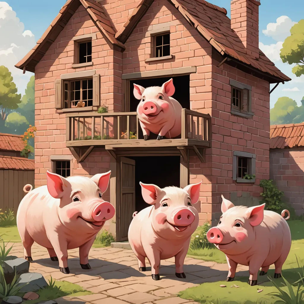 three pigs standing in front of a house with a pig on the roof and a pig on the ground, fantastic realism, a storybook illustration, Chris LaBrooy, 2 d game art