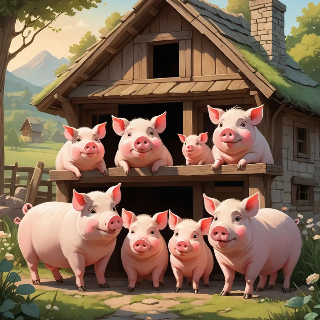 a group of pigs standing in front of a house with a pig on the roof and a pig on the ground, incoherents, a storybook illustration, Chris LaBrooy, storybook illustration
