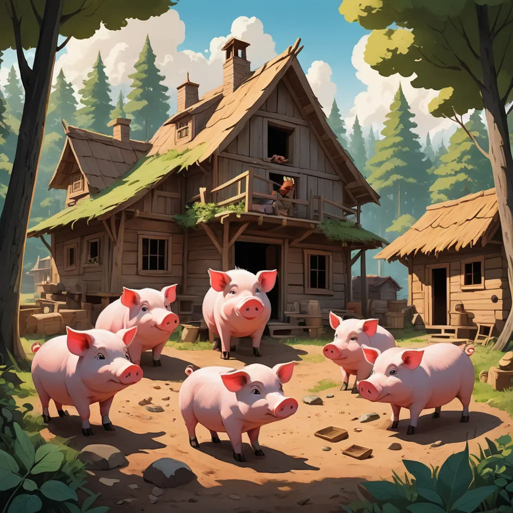 a group of pigs standing in front of a house in a forest with a man on a roof above them, fantasy art, a storybook illustration, Andreas Rocha, 2 d game art