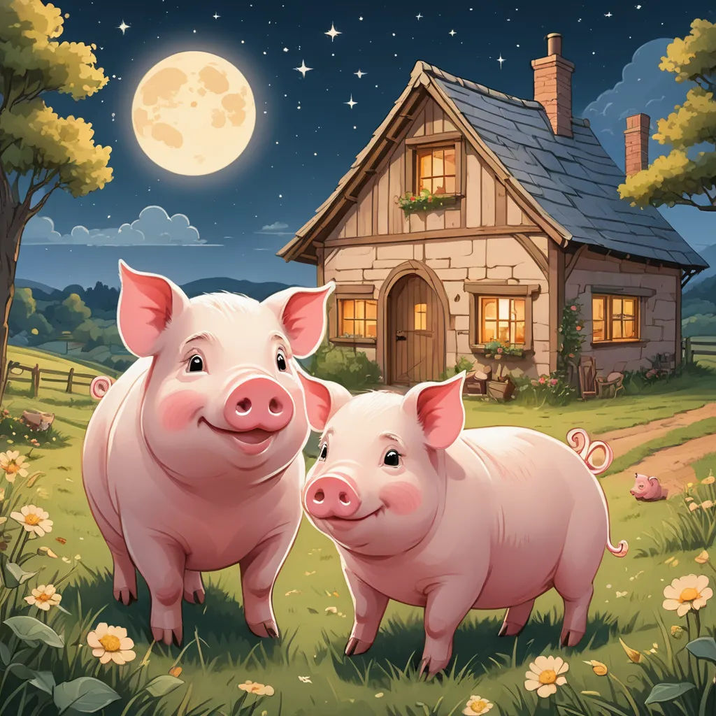 two pigs standing in front of a house at night with a full moon in the background and a full moon in the sky, sots art, a storybook illustration, Andries Both, storybook illustration