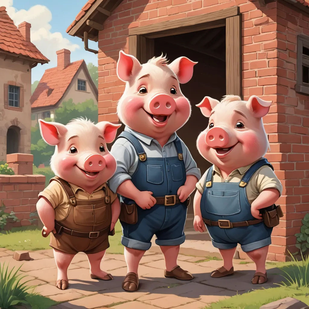 three pigs are standing in front of a brick building and a brick house with a red roof and a red brick chimney, sots art, a storybook illustration, David Teniers III, official art