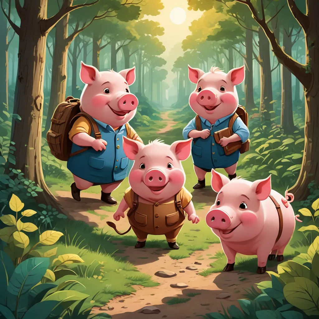 three pigs are walking in the woods with a backpack on their backs and a man in a blue shirt is holding a backpack, sots art, a storybook illustration, David Teniers III, storybook illustration