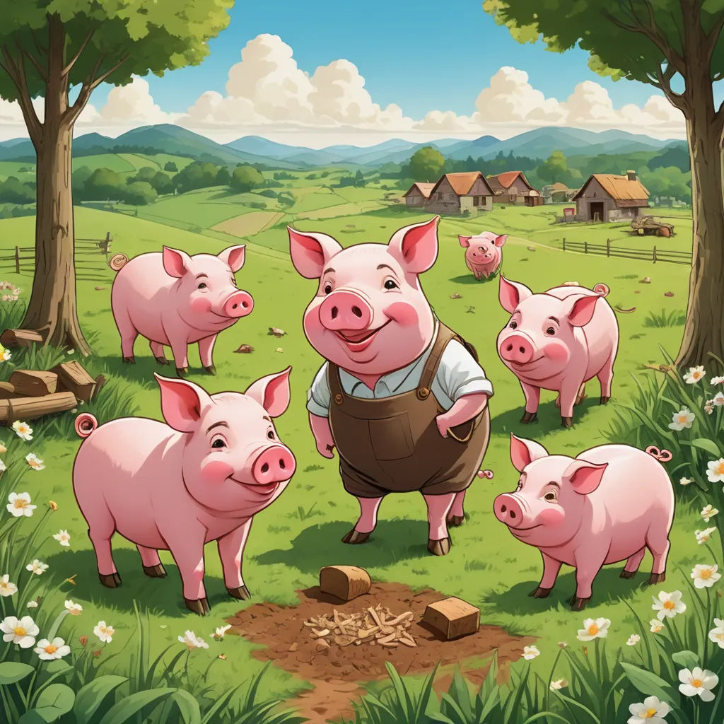 a pig farmer standing in a field with five pigs in front of him and a house in the background, sots art, a storybook illustration, David Young Cameron, storybook illustration