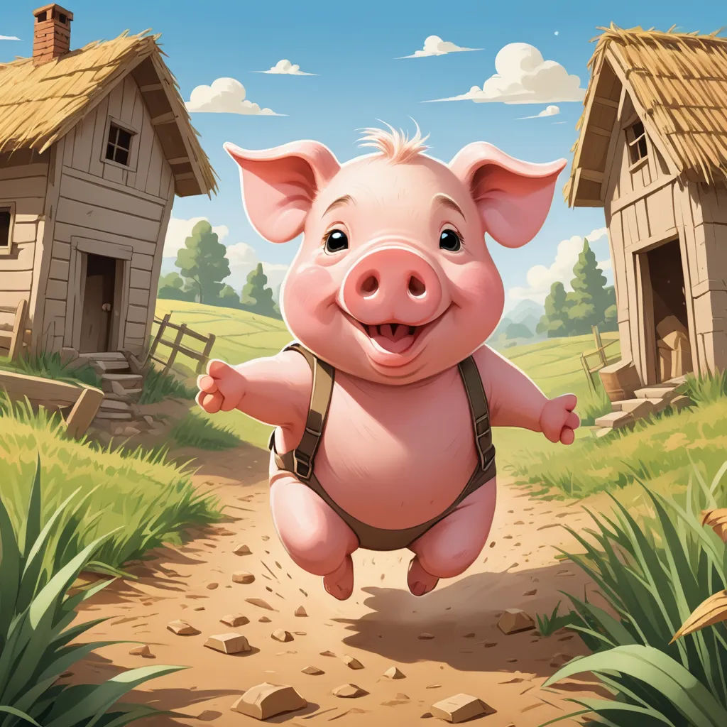 a pig is jumping in the air in front of a farm house and a small house on the other side, sots art, a storybook illustration, Diego Gisbert Llorens, official art