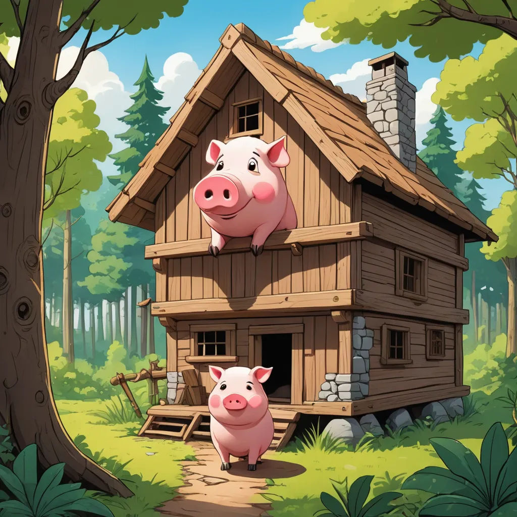 a couple of pigs standing in front of a house in the woods with a tree trunk and a log cabin, fantasy art, a storybook illustration, Chris LaBrooy, storybook illustration