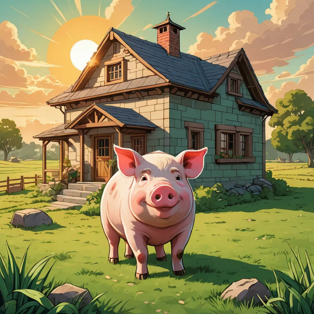 a pig standing in front of a house on a sunny day with the sun behind it and a sky background, american realism, a storybook illustration, Chris LaBrooy, dan mumford. octane render