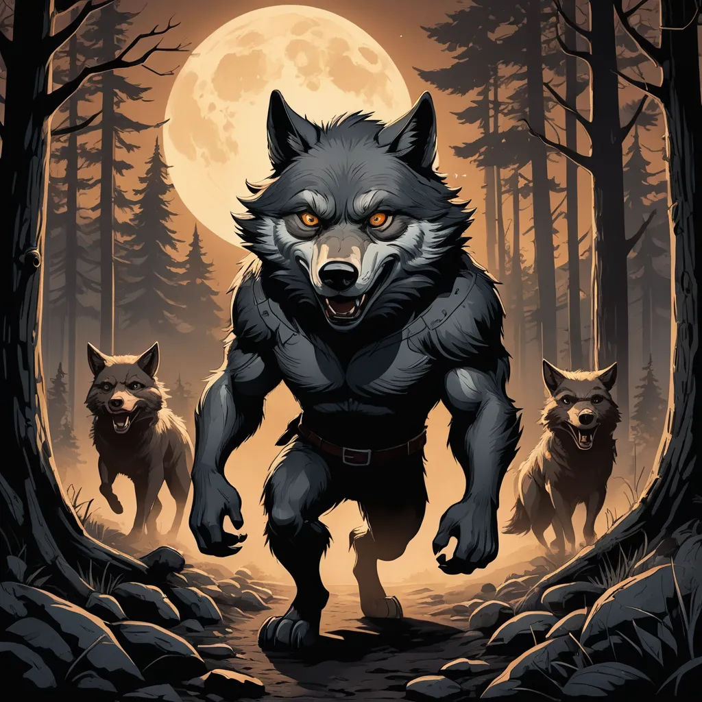 a wolf with a wolf pack in the woods with a full moon in the background and a wolf in the foreground, furry art, an album cover, Dan Mumford, furaffinity