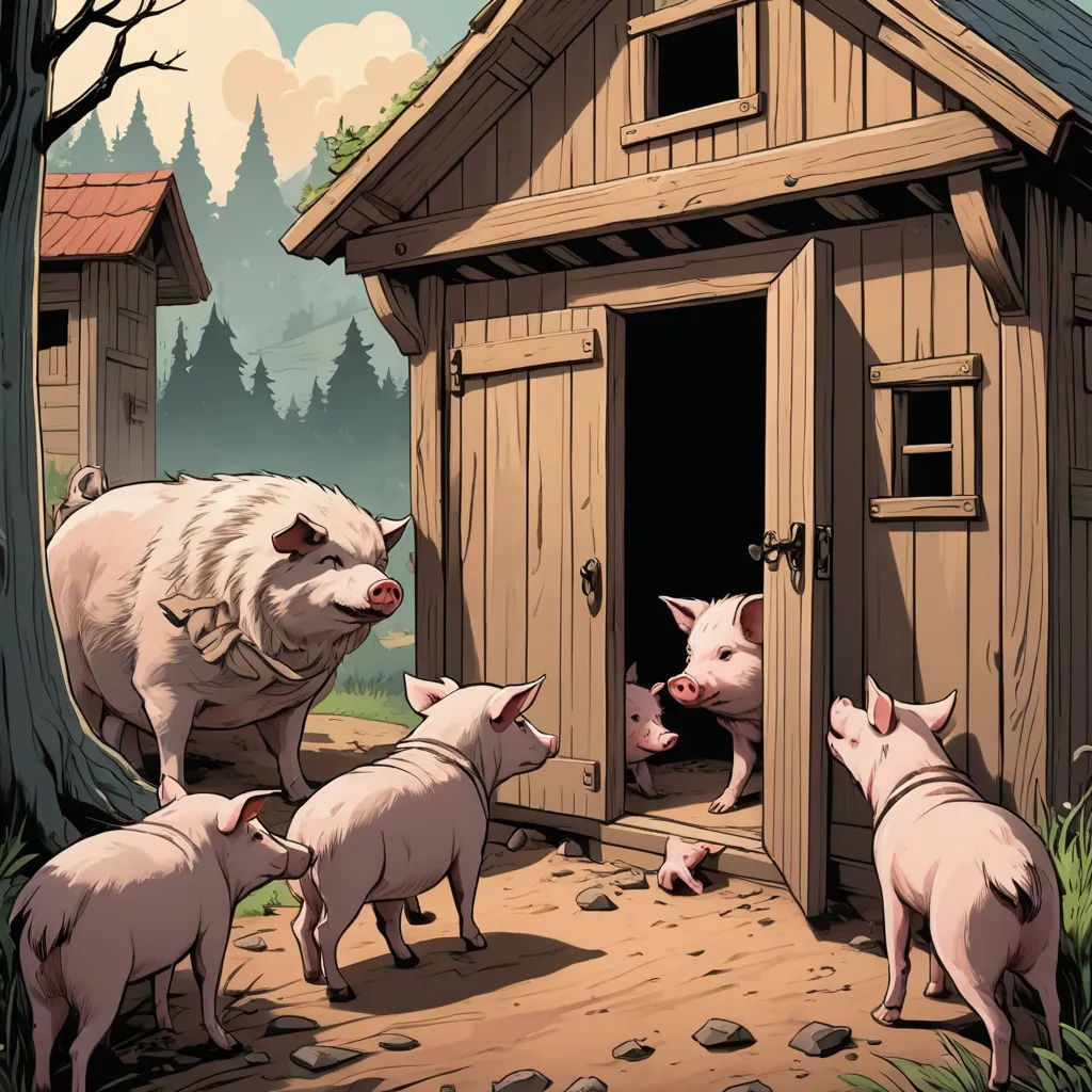 a pig family is outside of a small wooden house with pigs in the yard and a pig in the door, fantasy art, a storybook illustration, Dan Mumford, storybook illustration