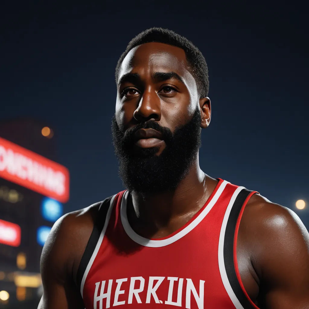a man with a beard and a beard wearing a red jersey stands in front of a neon sign at night, harlem renaissance, computer graphics, Christopher Perkins, rim lighting