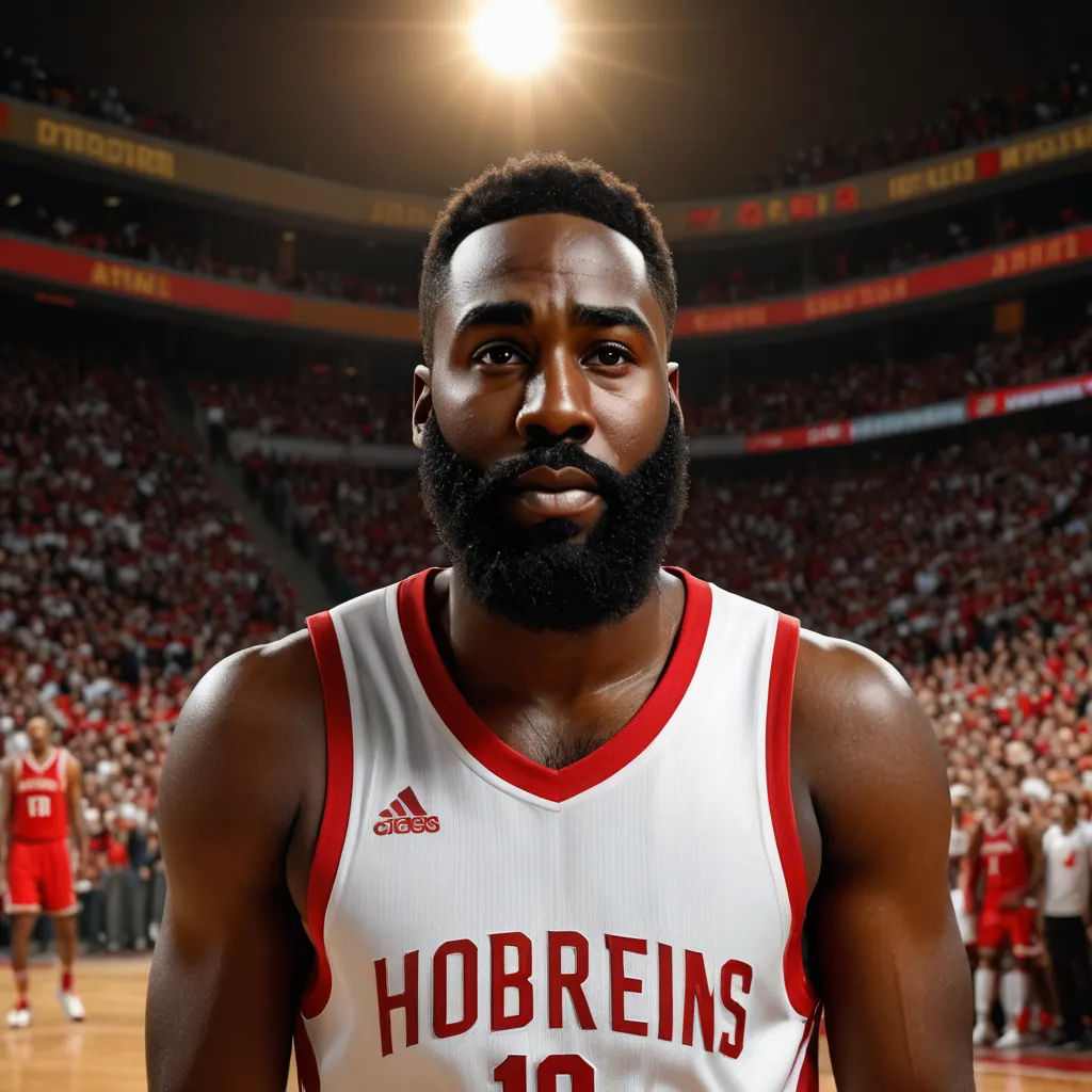 a man with a beard and beard standing in front of a basketball court with a crowd of people watching, hyperrealism, a digital rendering, Chris LaBrooy, hyper real