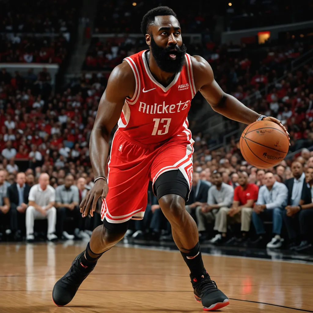 a man in a red jersey is playing basketball with a crowd watching him from the sidelines of the court, process art, a poster, Avgust Černigoj, deep 3 point perspective