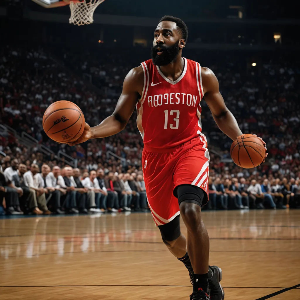 a man in a red uniform is playing basketball on a court with a crowd watching him from the sidelines, process art, a poster, Art Green, deep 3 point perspective