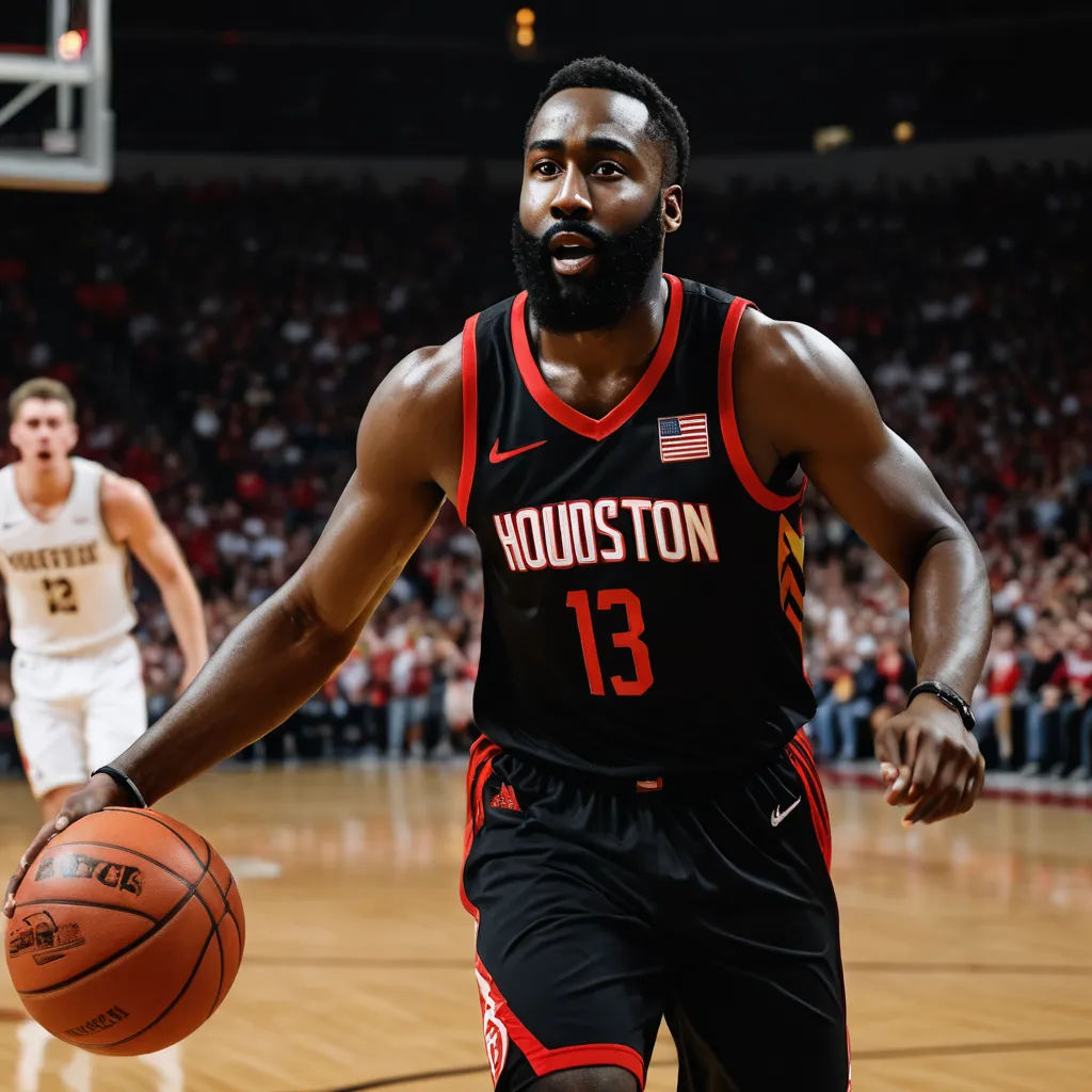 a man with a beard is playing basketball on a court with a crowd watching him from the sidelines, process art, a poster, Allan Brooks, turnaround