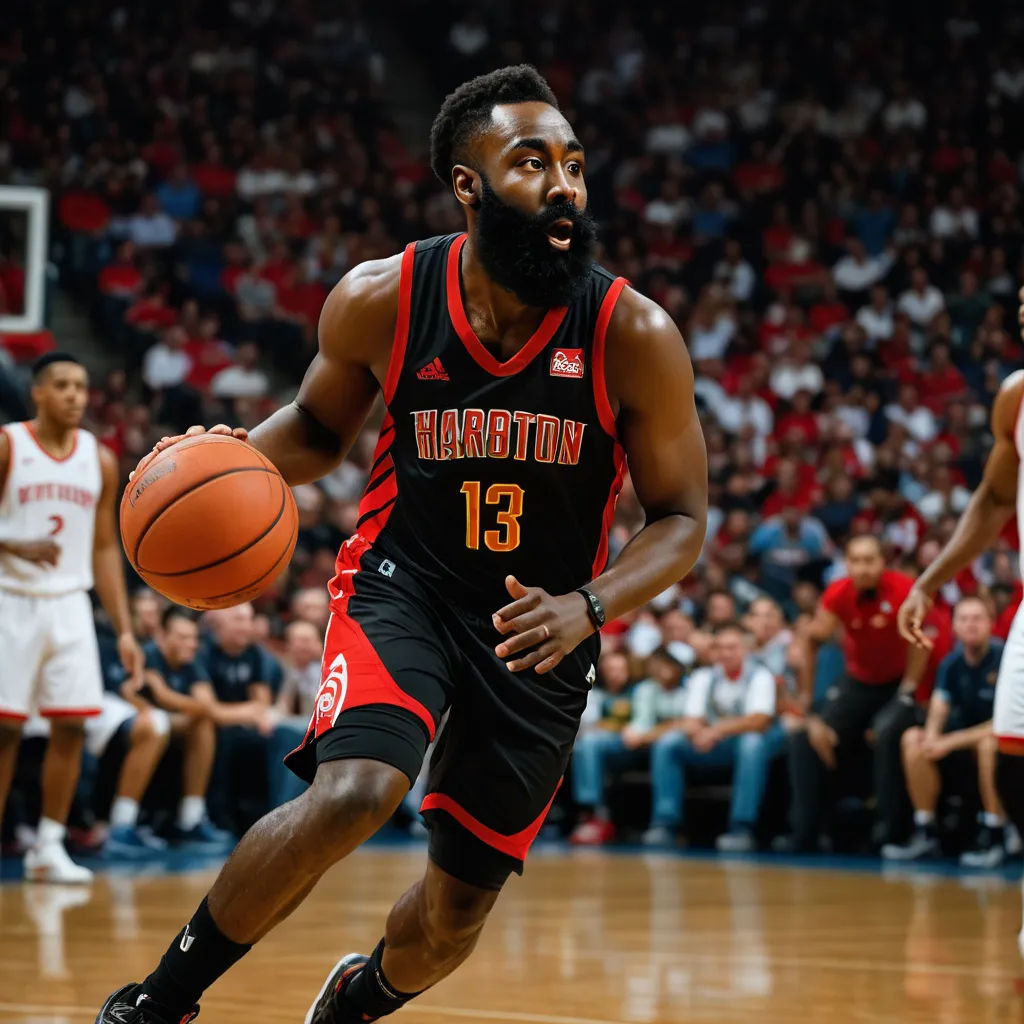 a man with a beard is playing basketball on a court with a crowd watching him and holding a basketball, harlem renaissance, a poster, Allan Brooks, deep 3 point perspective