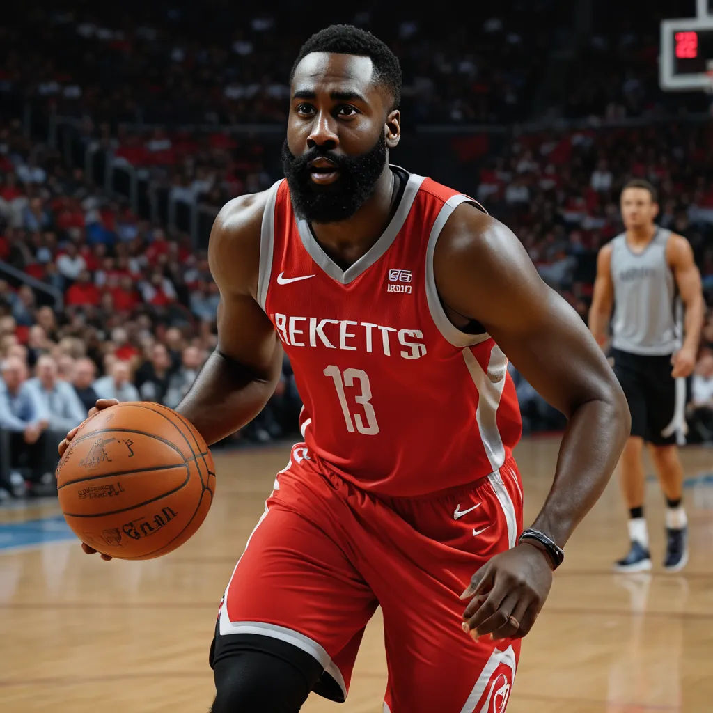 a man in a red jersey holding a basketball on a court with a crowd watching him from the sidelines, incoherents, a poster, Allan Brooks, deep 3 point perspective