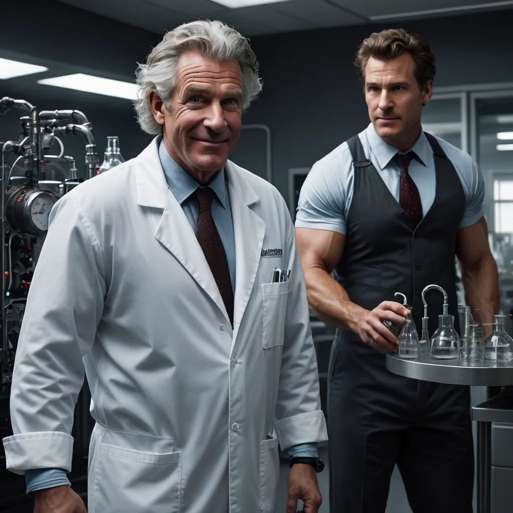 two men in lab coats standing in a laboratory with a tray of glassware in front of them and a camera behind them, institutional critique, a poster, Clark Voorhees, promotional image