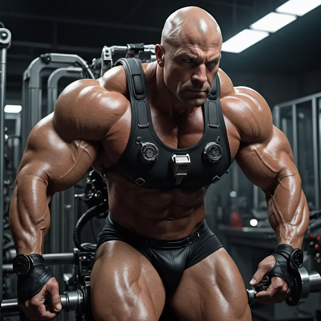 a man with a massive body and a pair of dumbs in his hands, in a gym setting, fantastic realism, a bronze sculpture, Anthony Palumbo, mitchell mohrhauser