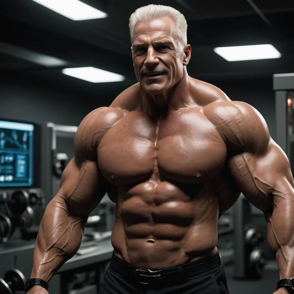 a man with a big chest in a gym room with a barbell and a dumbbell machine behind him, precisionism, a digital rendering, Dennis Ashbaugh, arnold render