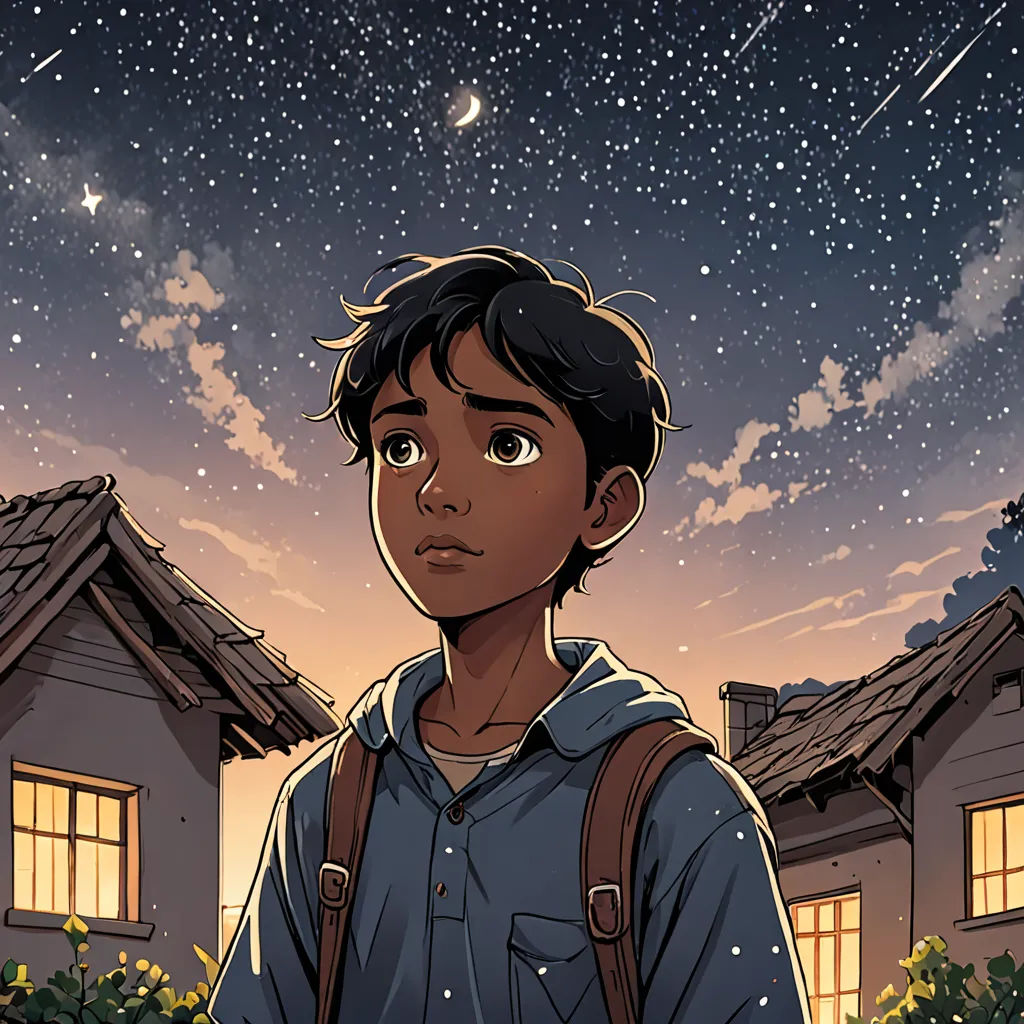 a boy standing in front of a house under a night sky with stars above him and a shooting star above him, space art, a storybook illustration, Diego Gisbert Llorens, comic cover art