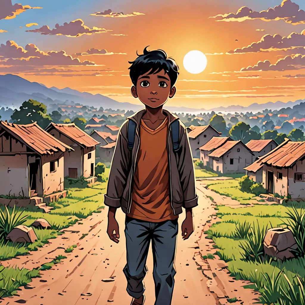 a boy walking down a dirt road in front of a sunset with houses on the other side of the road, samikshavad, a comic book panel, Asaf Hanuka, comic cover art