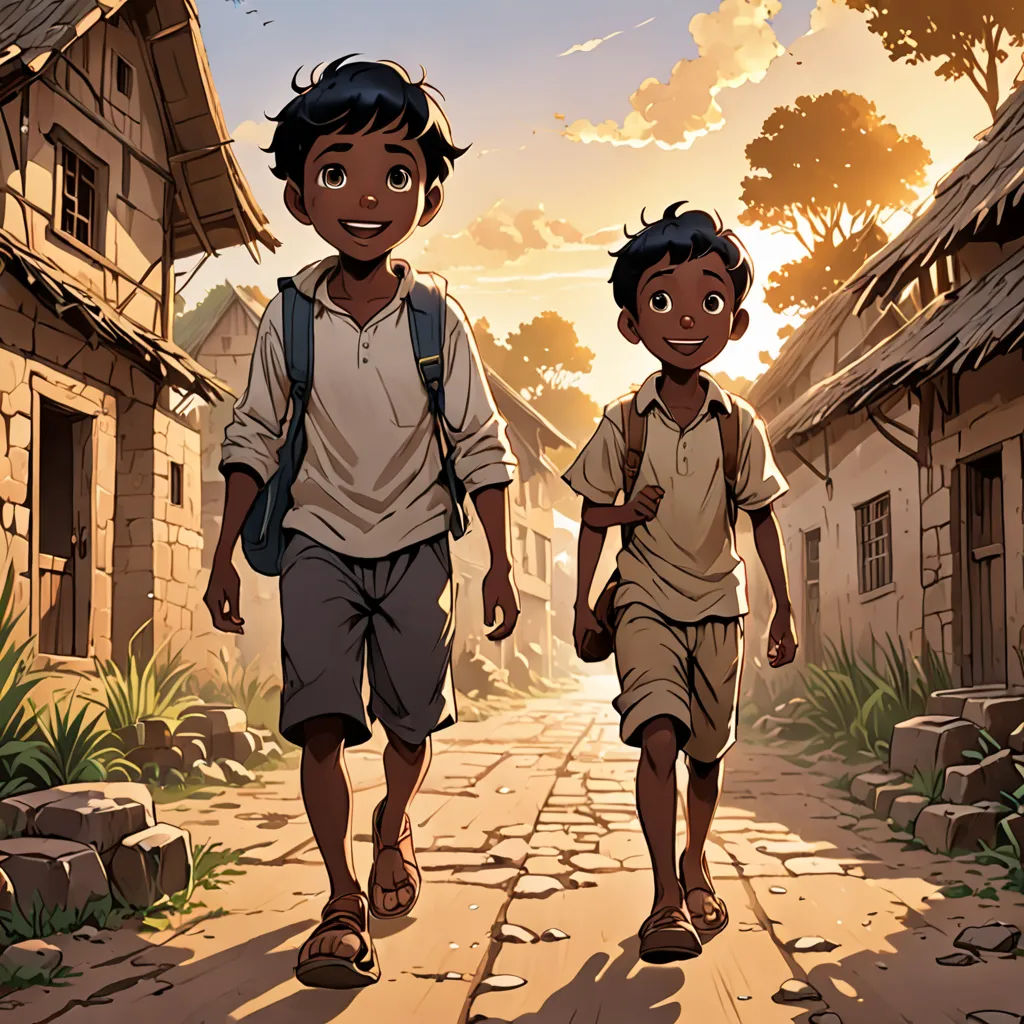 two children walking down a street in a village at sunset or dawn with a village in the background and a person walking down the street, samikshavad, a comic book panel, Brothers Hildebrandt, comic cover art
