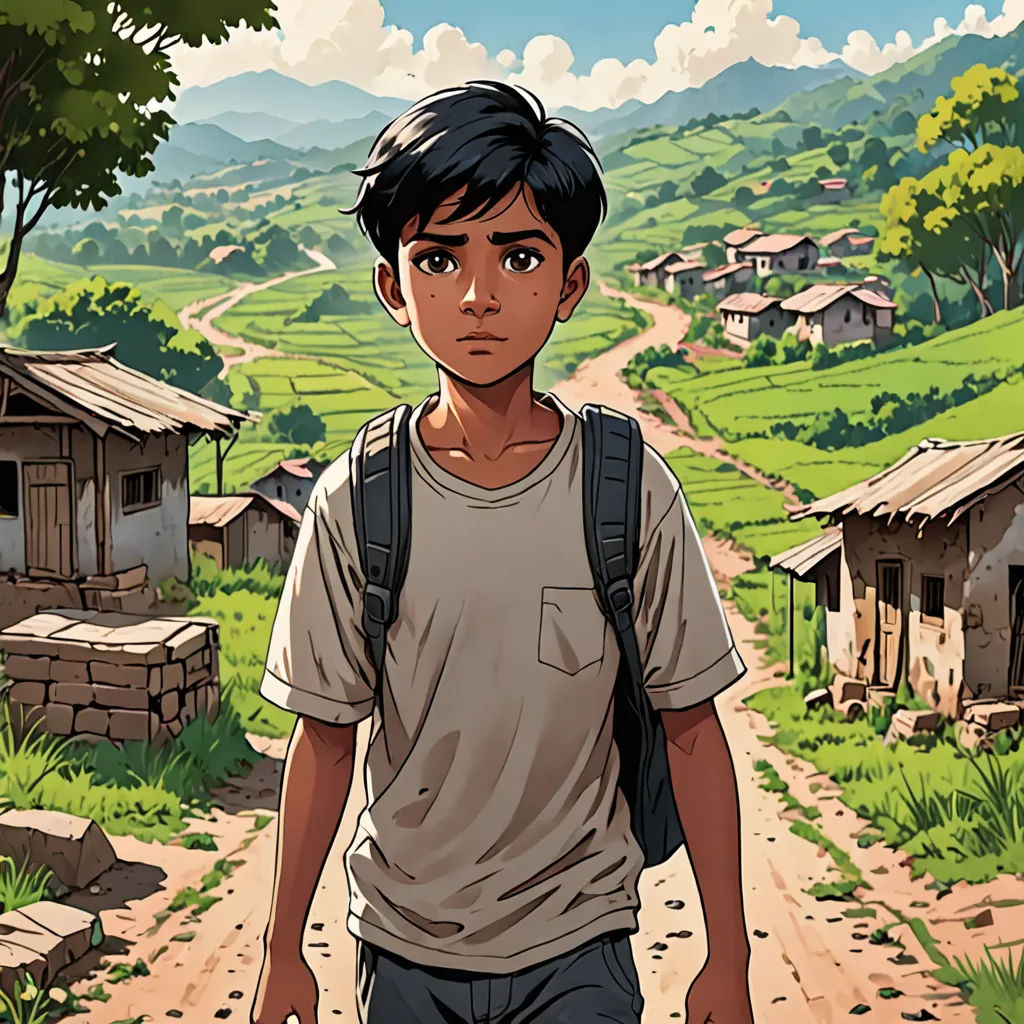 a boy walking down a dirt road in front of a village with a dirt road and a green hillside, serial art, a comic book panel, Asaf Hanuka, graphic novel
