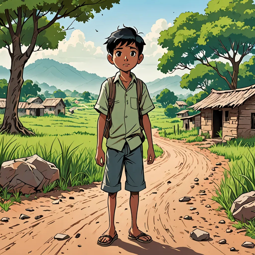 a boy standing on a dirt road in a rural area with a hut and trees in the background and a dirt road leading to a shack, samikshavad, a comic book panel, Dustin Nguyen, promotional image