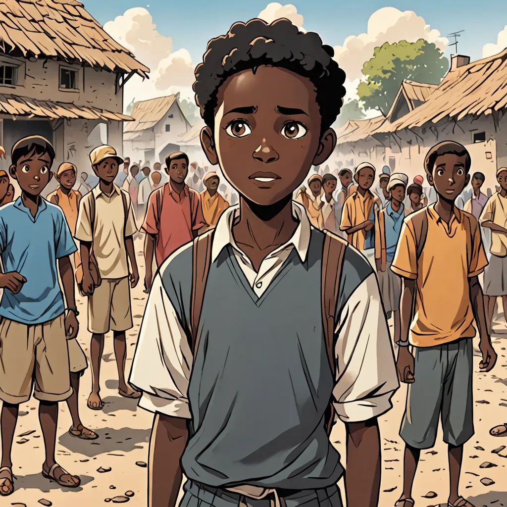 a cartoon of a boy standing in front of a crowd of people in a village with a building in the background, serial art, a comic book panel, Asaf Hanuka, comic cover art
