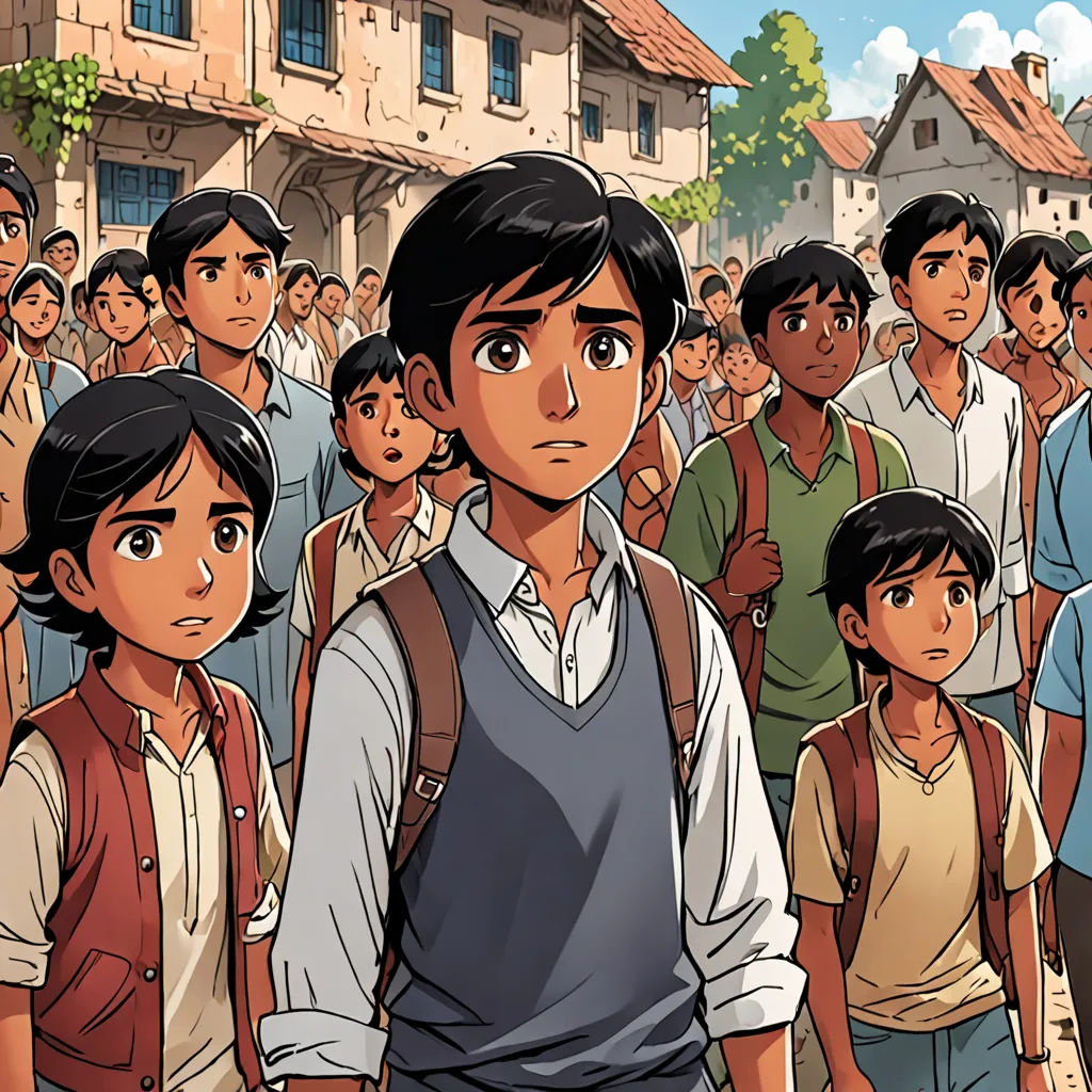 a crowd of people standing in front of a building with a boy in the middle of the crowd looking at the camera, samikshavad, a comic book panel, Asaf Hanuka, graphic novel
