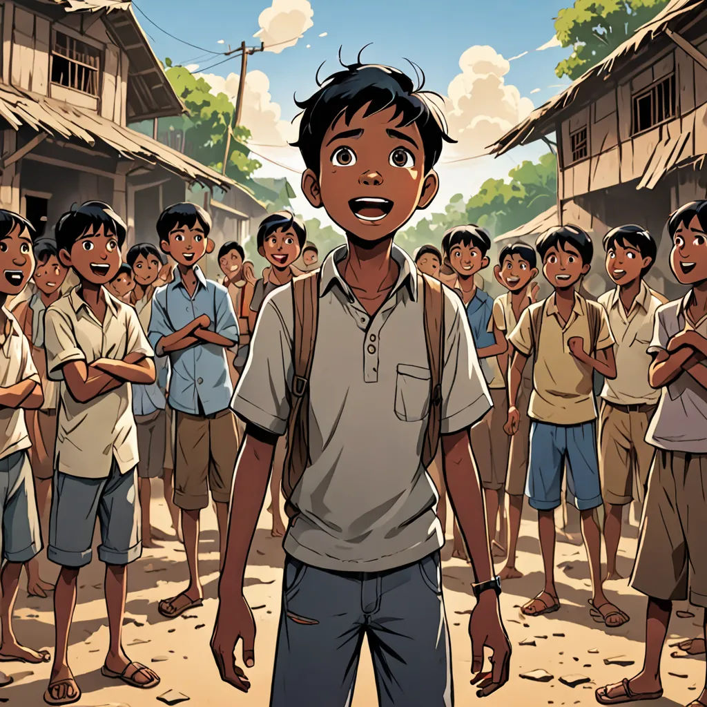 a boy standing in front of a group of people in a village with a boy in the middle of the picture, samikshavad, a comic book panel, Asaf Hanuka, yukito kishiro