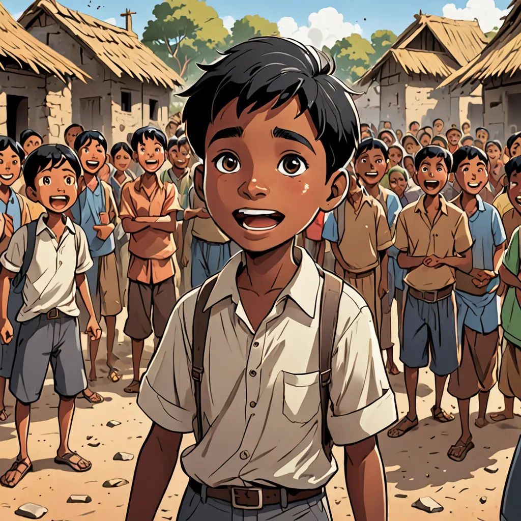 a boy standing in front of a crowd of people in a village with a boy in the foreground, samikshavad, a storybook illustration, Bhupen Khakhar, graphic novel