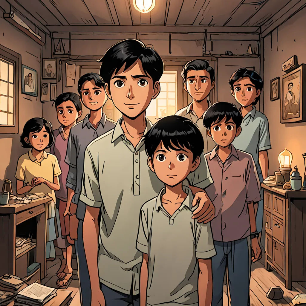 a man standing in front of a group of people in a room with a desk and a lamp on, samikshavad, a comic book panel, Fernando Amorsolo, official art