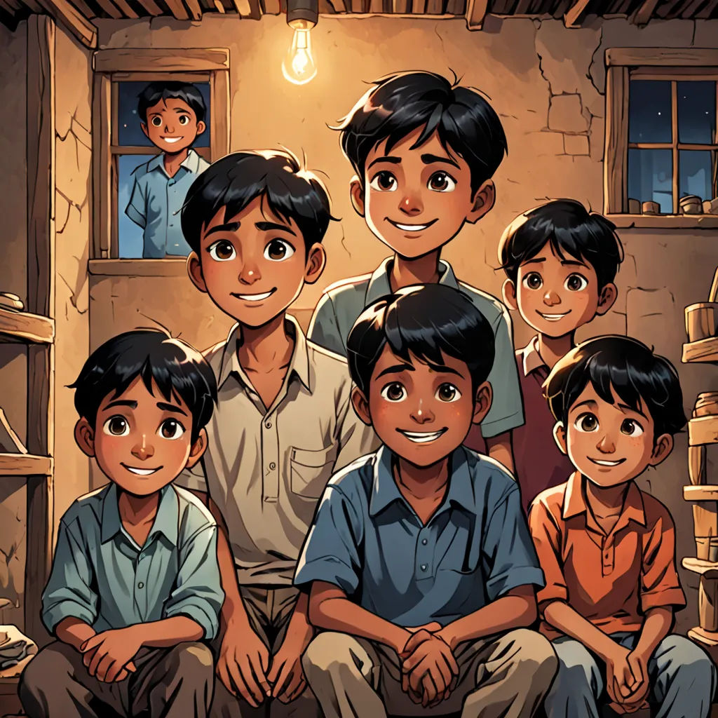a group of children sitting next to each other in a room with a light bulb above them and a man standing in the background, samikshavad, a storybook illustration, Amir Zand, comic cover art