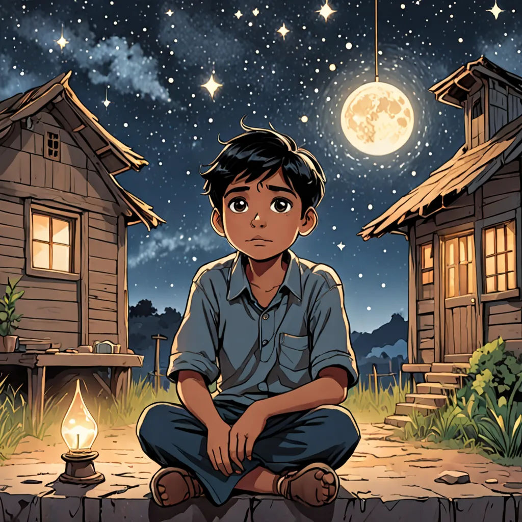 a boy sitting on a rock in front of a house with a full moon in the background and a lit candle in the foreground, magical realism, a storybook illustration, Amir Zand, comic cover art