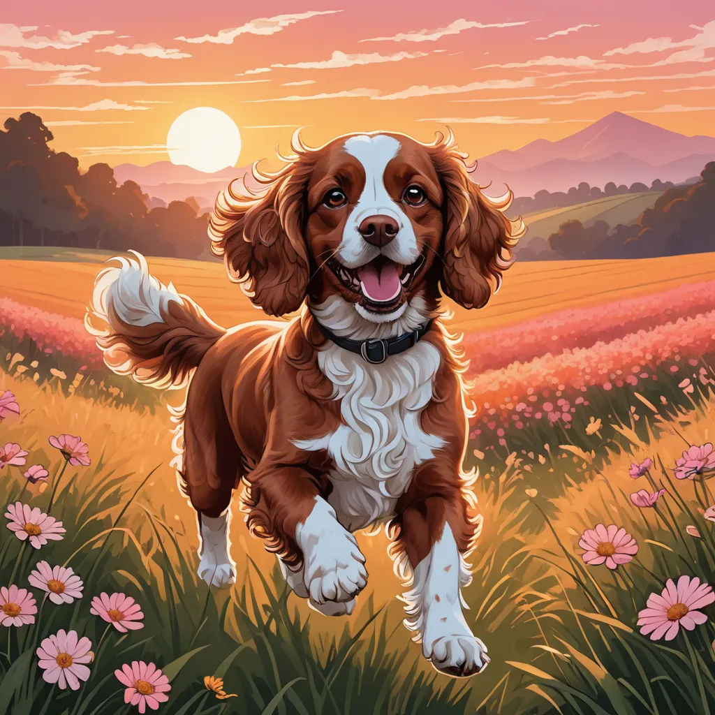 a dog is running through a field of flowers at sunset with a pink sky in the background and a pink and yellow field of flowers, furry art, a storybook illustration, Chris LaBrooy, comic cover art