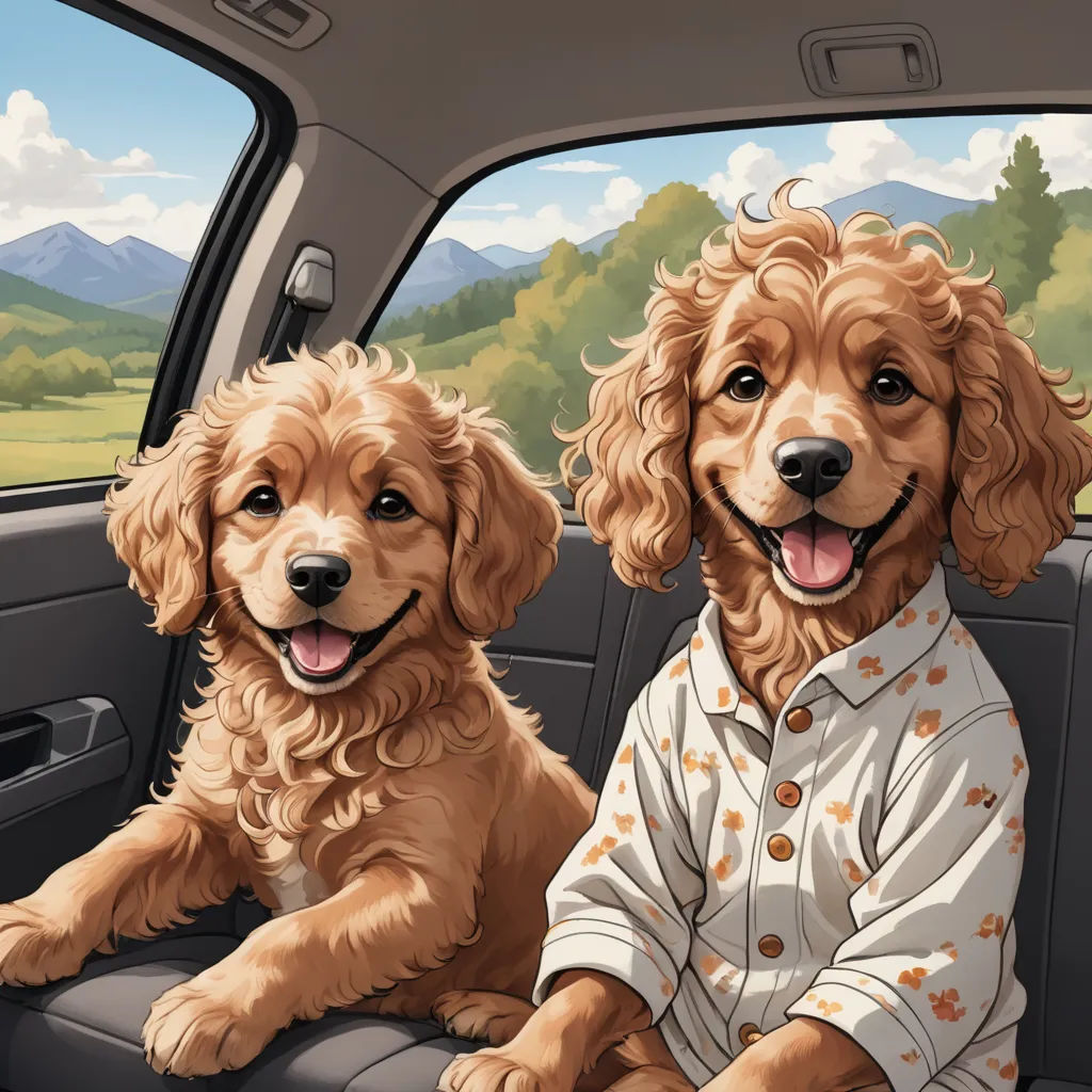 a couple of dogs sitting in the back of a car next to each other on a road side road, furry art, a detailed painting, Chris LaBrooy, highly detailed digital painting