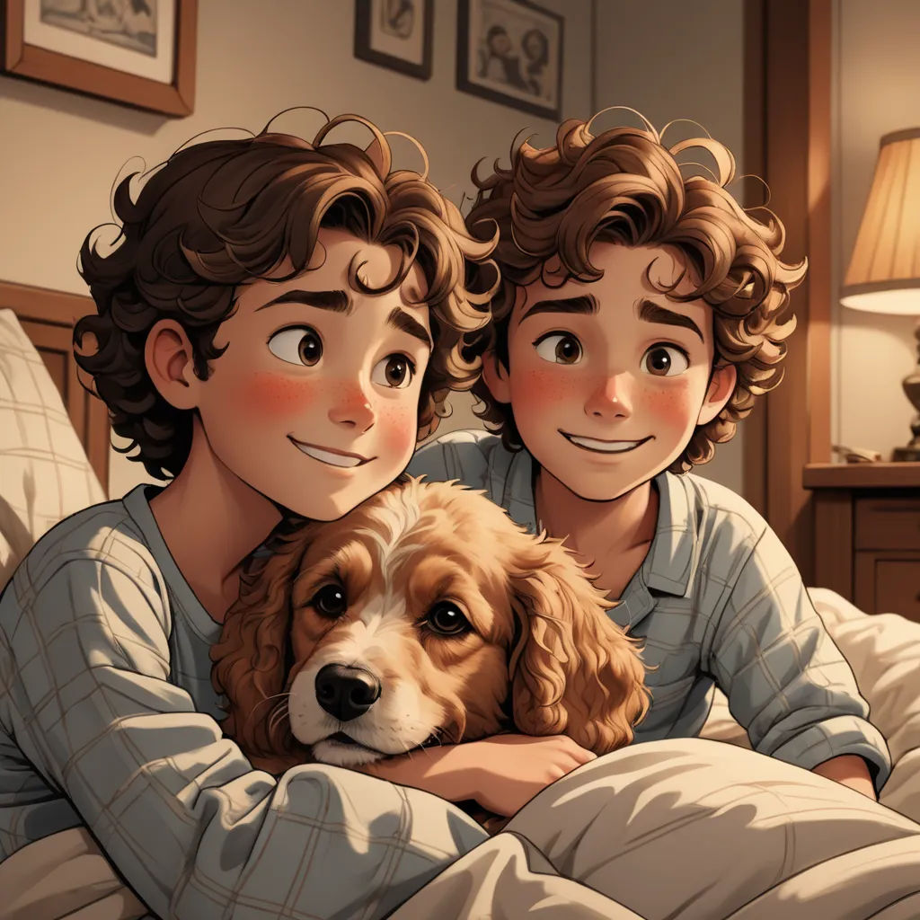 a boy and a girl are laying in bed with a dog in their arms and a dog is laying on the bed, furry art, a storybook illustration, Brothers Hildebrandt, official art