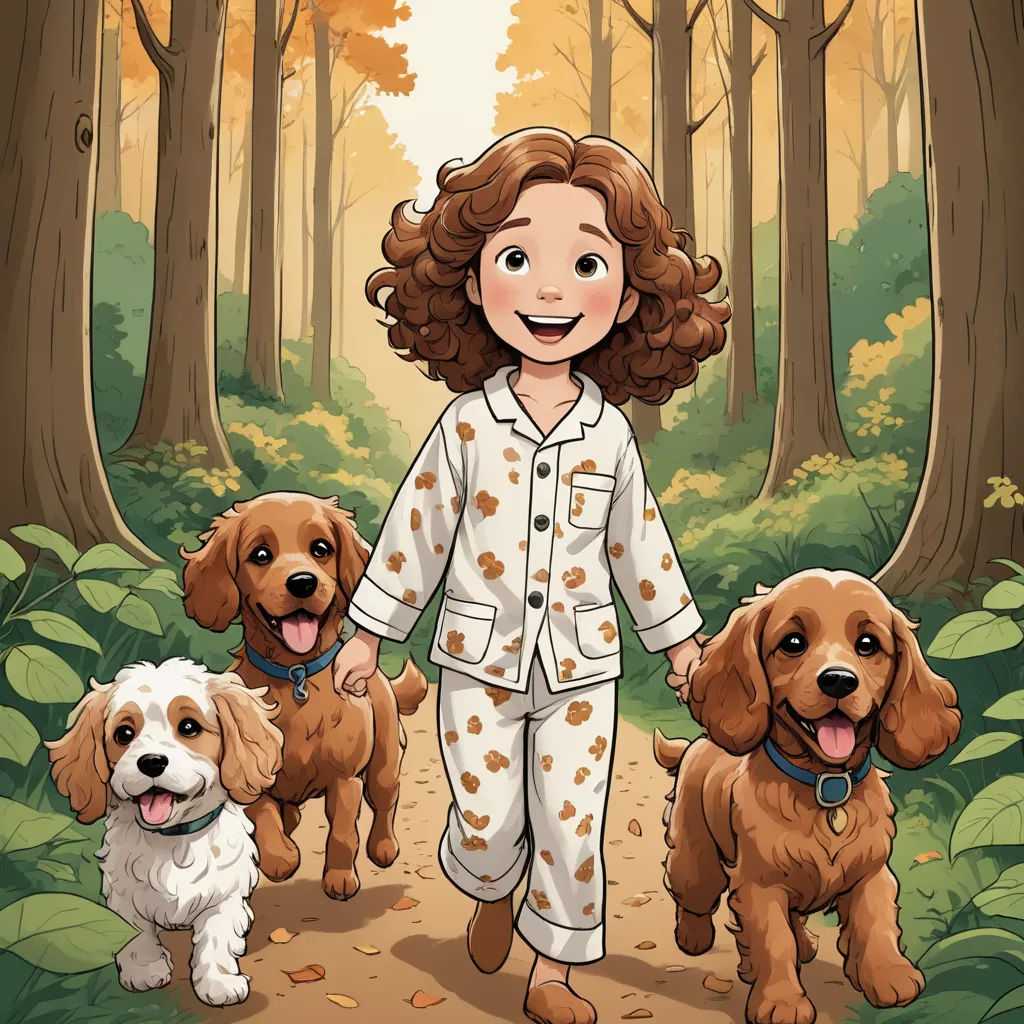 a woman in pajamas standing between two dogs in the woods with trees and leaves on the ground and a forest background, furry art, a storybook illustration, Claire Hummel, storybook illustration