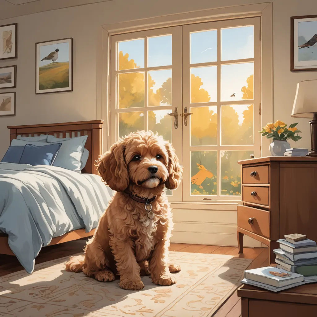 a dog sitting on a rug in a bedroom next to a bed and a dresser with a window open, american scene painting, a storybook illustration, Chris LaBrooy, professional digital painting
