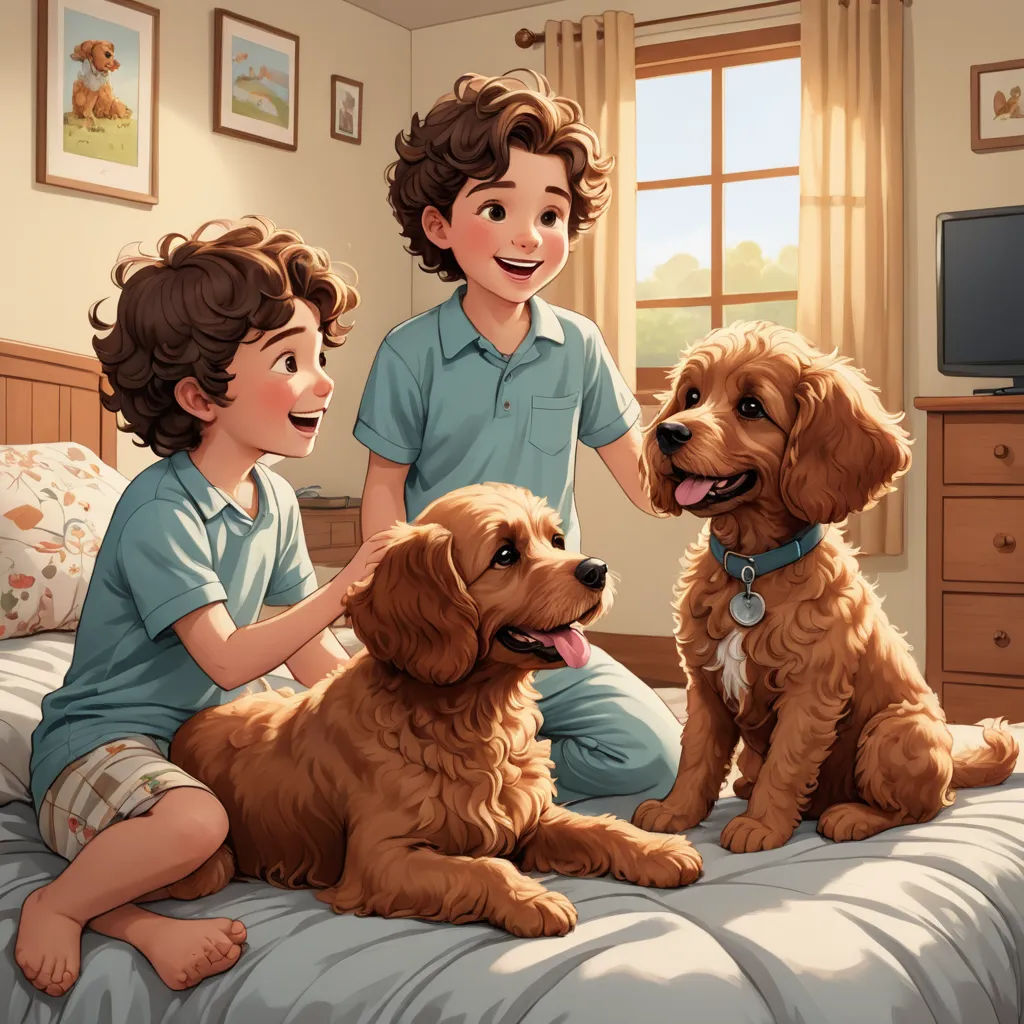 a boy and a boy are sitting on a bed with two dogs and a tv in the background,, american scene painting, a storybook illustration, Brothers Hildebrandt, official art