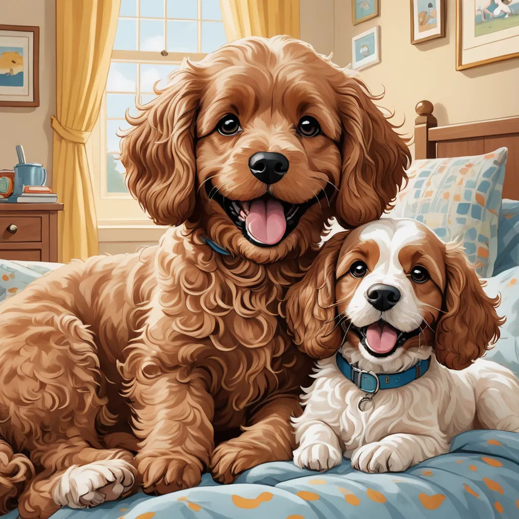a couple of dogs laying on top of a bed next to each other on a bed coverlet with a window, naive art, a storybook illustration, Brothers Hildebrandt, highly detailed digital painting