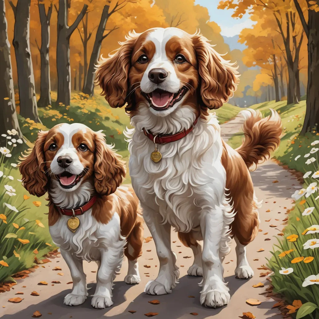 two dogs standing on a path in a forest with flowers and trees in the background, one is brown and white, american scene painting, a detailed painting, Brothers Hildebrandt, highly detailed digital painting